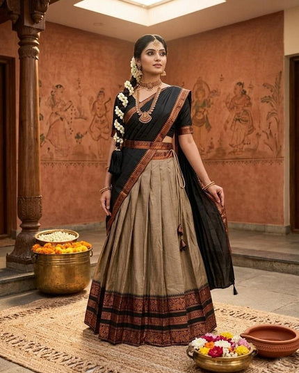 Premium Cotton Silk Lehenga Set | South Indian Zari Border | Dhavani Style | Ready to Wear - Rosepetals Luxe