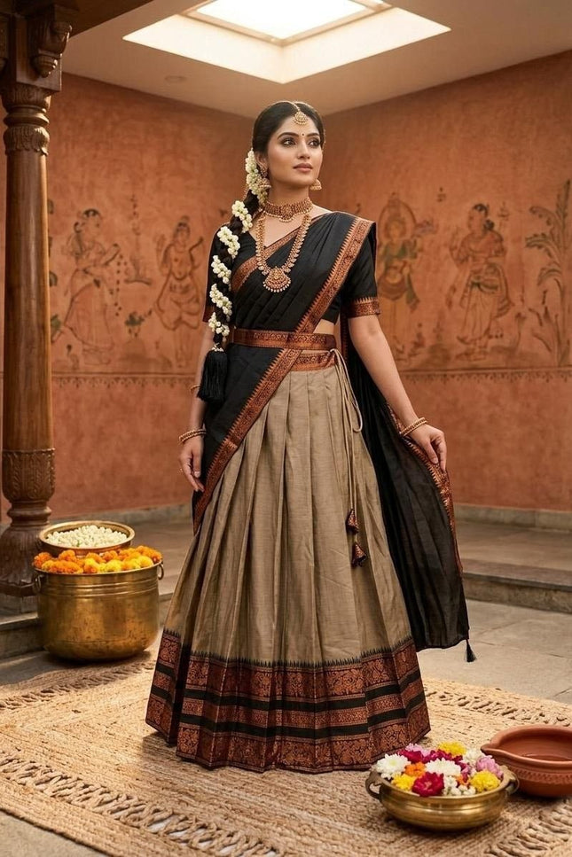 Premium Cotton Silk Lehenga Set | South Indian Zari Border | Dhavani Style | Ready to Wear - Rosepetals Luxe