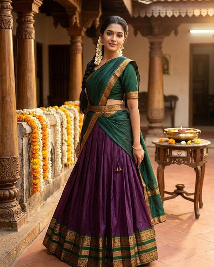 Premium Cotton Silk Lehenga Set | South Indian Zari Border | Dhavani Style | Ready to Wear - Rosepetals Luxe