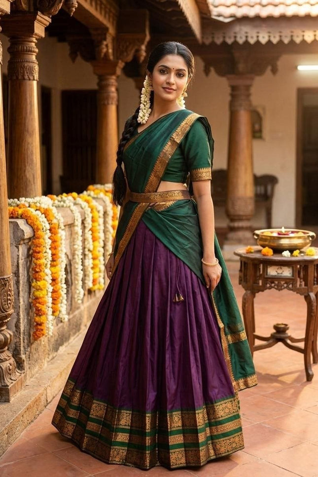Premium Cotton Silk Lehenga Set | South Indian Zari Border | Dhavani Style | Ready to Wear - Rosepetals Luxe