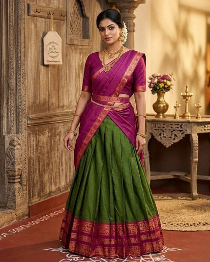 Premium Cotton Silk Lehenga Set | South Indian Zari Border | Dhavani Style | Ready to Wear - Rosepetals Luxe