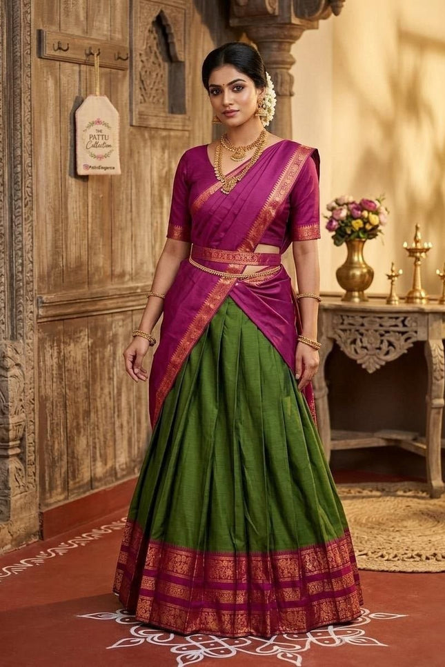 Premium Cotton Silk Lehenga Set | South Indian Zari Border | Dhavani Style | Ready to Wear - Rosepetals Luxe