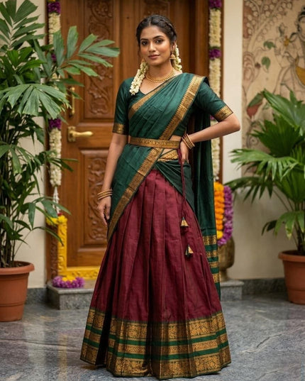 Premium Cotton Silk Lehenga Set | South Indian Zari Border | Dhavani Style | Ready to Wear - Rosepetals Luxe