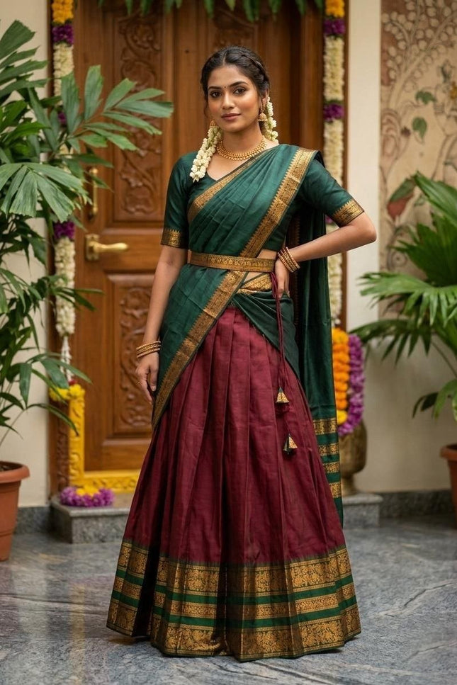 Premium Cotton Silk Lehenga Set | South Indian Zari Border | Dhavani Style | Ready to Wear - Rosepetals Luxe