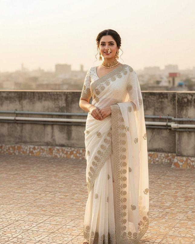 Premium Fancy Satin Saree with All Over Butta Work and Cut Work Border - Rosepetals Luxe