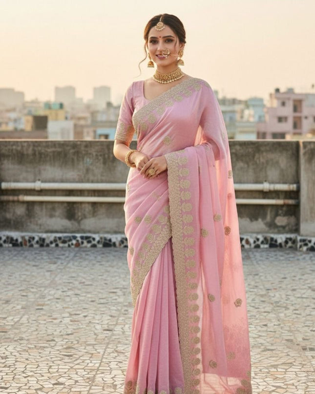 Premium Fancy Satin Saree with All Over Butta Work and Cut Work Border - Rosepetals Luxe