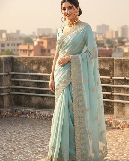 Premium Fancy Satin Saree with All Over Butta Work and Cut Work Border - Rosepetals Luxe