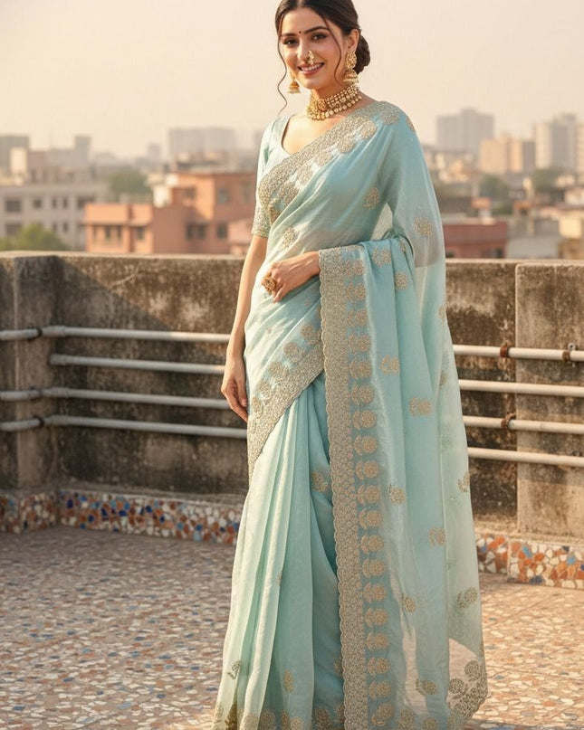 Premium Fancy Satin Saree with All Over Butta Work and Cut Work Border - Rosepetals Luxe