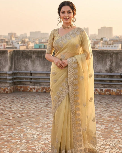 Premium Fancy Satin Saree with All Over Butta Work and Cut Work Border - Rosepetals Luxe