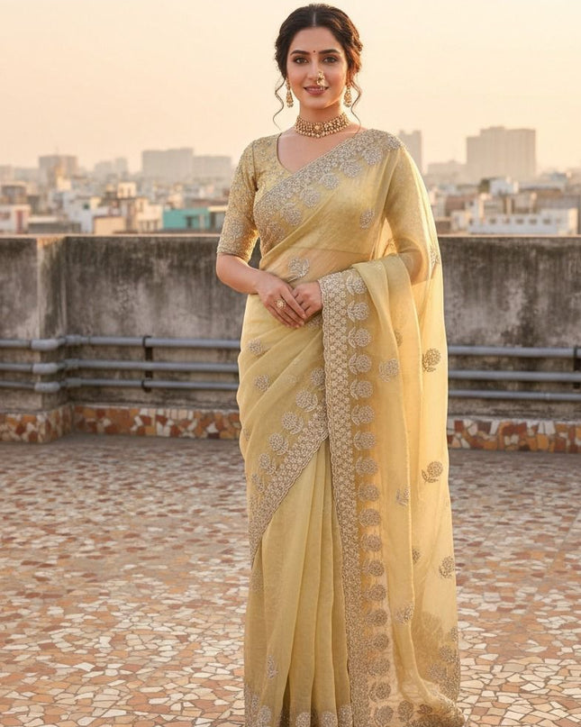 Premium Fancy Satin Saree with All Over Butta Work and Cut Work Border - Rosepetals Luxe