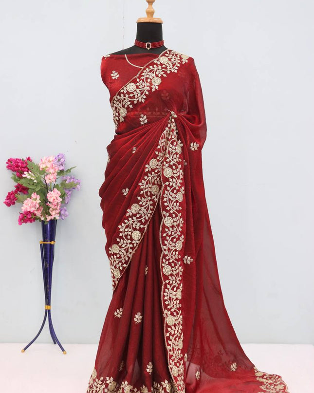 Premium Fancy Satin Saree with C Pallu Embroidery and Arco Cut Work Border - Rosepetals Luxe