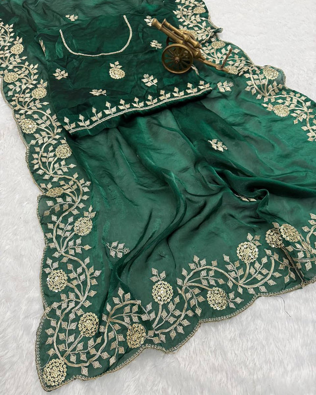 Premium Fancy Satin Saree with C Pallu Embroidery and Arco Cut Work Border - Rosepetals Luxe
