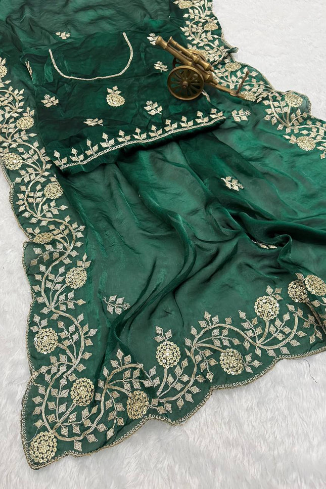Premium Fancy Satin Saree with C Pallu Embroidery and Arco Cut Work Border - Rosepetals Luxe