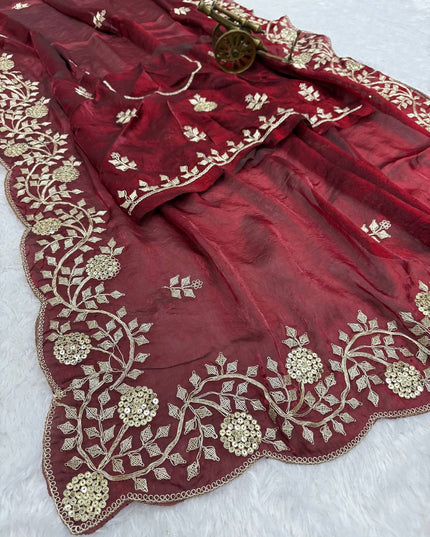 Premium Fancy Satin Saree with C Pallu Embroidery and Arco Cut Work Border - Rosepetals Luxe