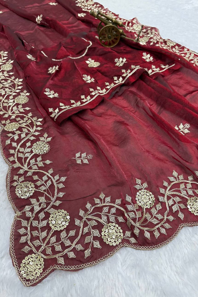 Premium Fancy Satin Saree with C Pallu Embroidery and Arco Cut Work Border - Rosepetals Luxe