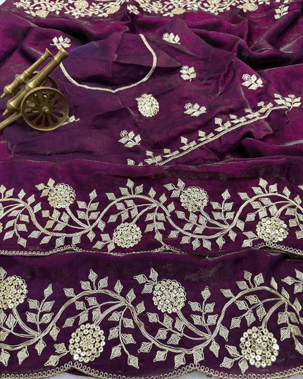 Premium Fancy Satin Saree with C Pallu Embroidery and Arco Cut Work Border - Rosepetals Luxe