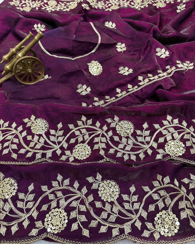 Premium Fancy Satin Saree with C Pallu Embroidery and Arco Cut Work Border - Rosepetals Luxe