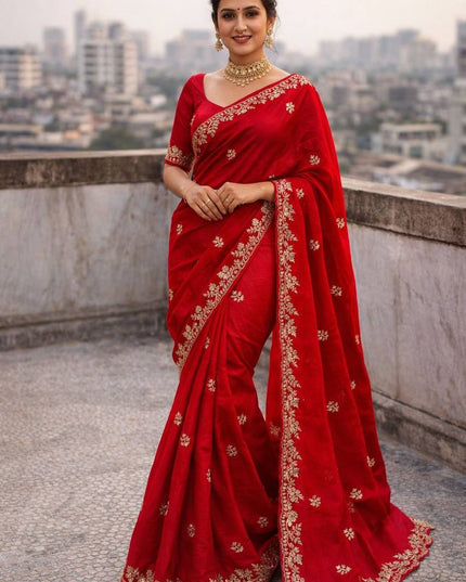 Premium Fandy Satin Saree with Dori Embroidery & Cutwork Border - Rosepetals Luxe