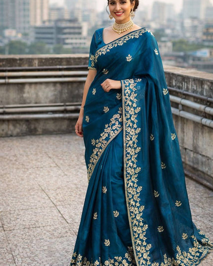 Premium Fandy Satin Saree with Dori Embroidery & Cutwork Border - Rosepetals Luxe