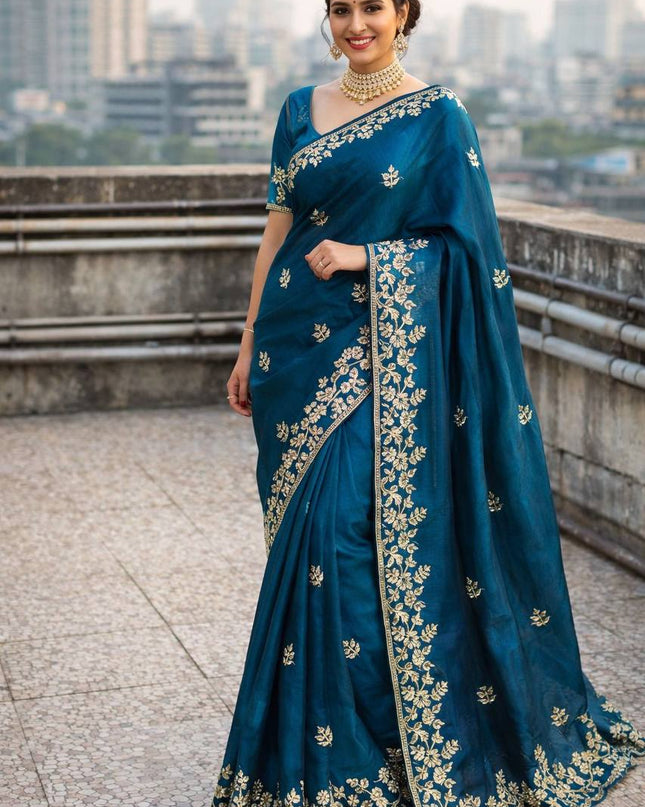 Premium Fandy Satin Saree with Dori Embroidery & Cutwork Border - Rosepetals Luxe