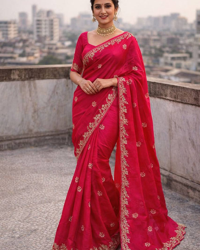 Premium Fandy Satin Saree with Dori Embroidery & Cutwork Border - Rosepetals Luxe