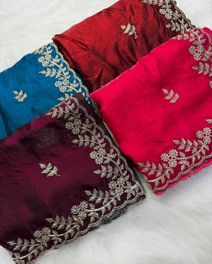 Premium Fandy Satin Saree with Dori Embroidery & Cutwork Border - Rosepetals Luxe