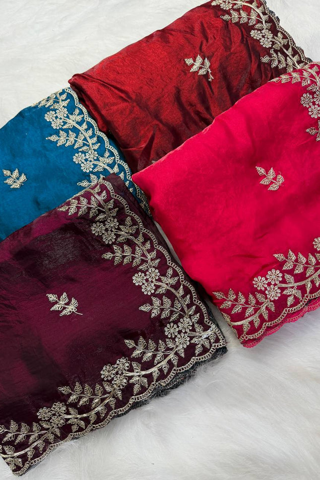Premium Fandy Satin Saree with Dori Embroidery & Cutwork Border - Rosepetals Luxe