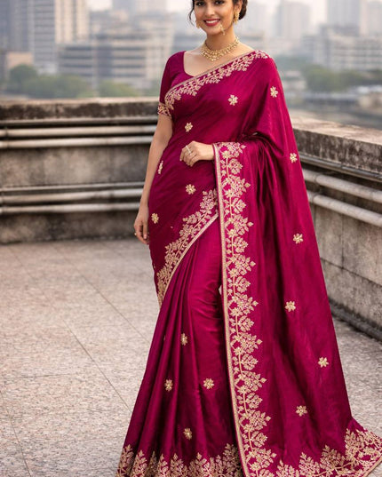 Premium Fandy Satin Saree with Dori Embroidery & Cutwork Border - Rosepetals Luxe