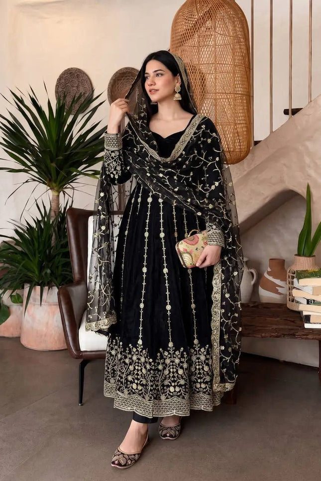 Premium Fandy Silk Embroidered Gown Set with Sequins Work, Matching Pant & Dupatta Ready to Wear Designer Party Wear Ethnic Outfit for Women - Rosepetals Luxe