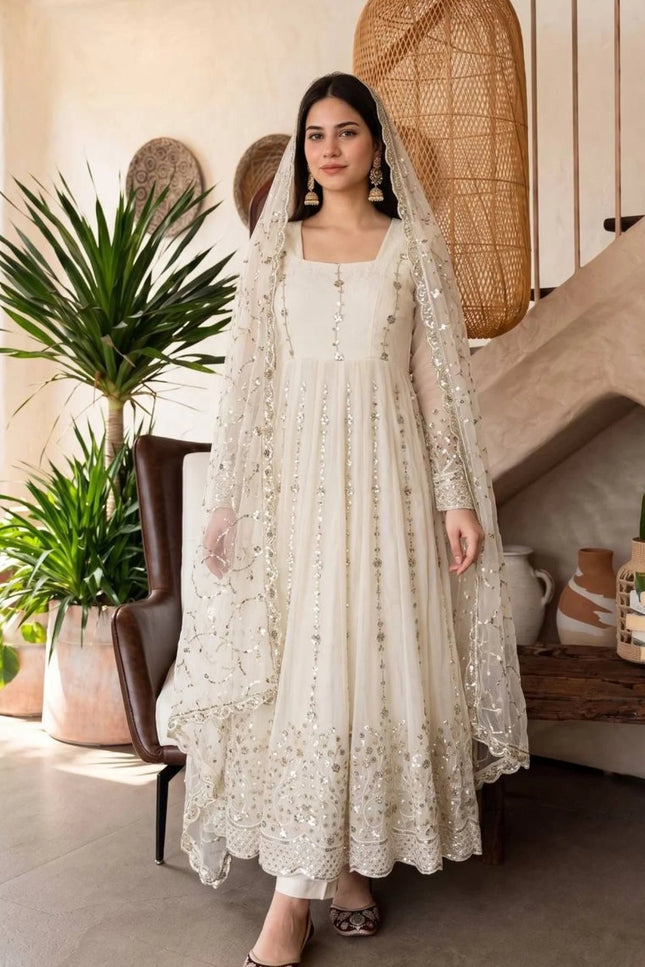 Premium Fandy Silk Embroidered Gown Set with Sequins Work, Matching Pant & Dupatta Ready to Wear Designer Party Wear Ethnic Outfit for Women - Rosepetals Luxe