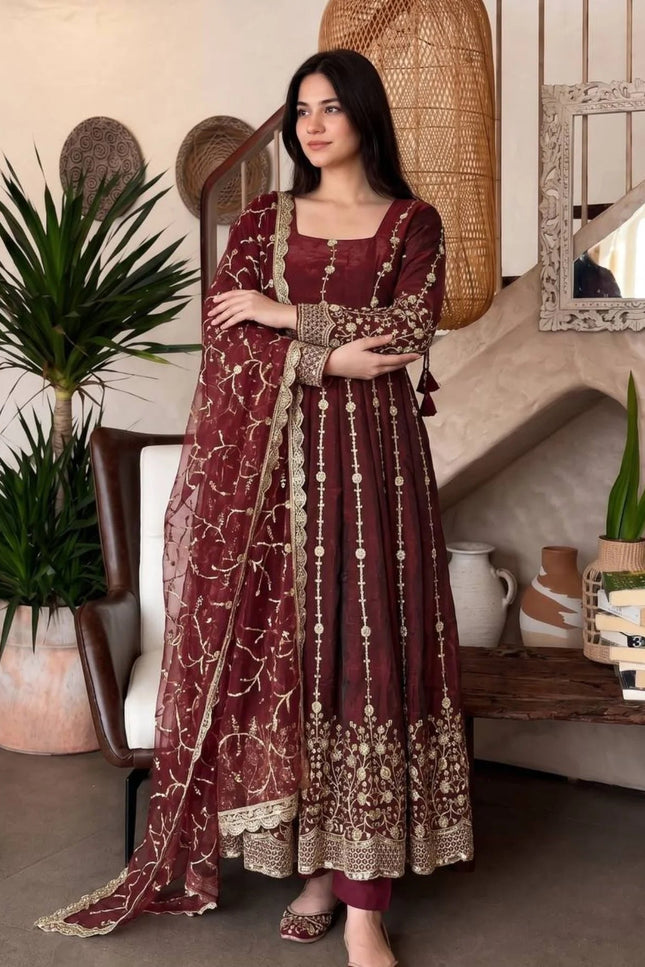 Premium Fandy Silk Embroidered Gown Set with Sequins Work, Matching Pant & Dupatta Ready to Wear Designer Party Wear Ethnic Outfit for Women - Rosepetals Luxe