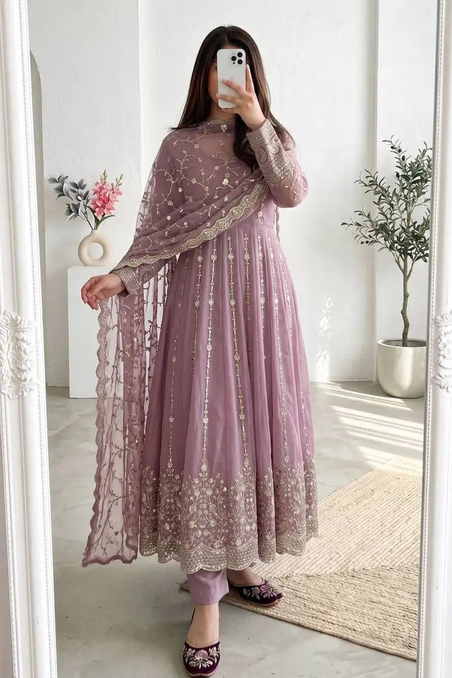 Premium Fandy Silk Embroidered Gown Set with Sequins Work, Matching Pant & Dupatta Ready to Wear Designer Party Wear Ethnic Outfit for Women - Rosepetals Luxe