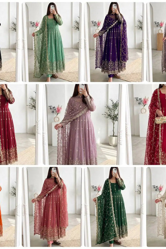 Premium Fandy Silk Embroidered Gown Set with Sequins Work, Matching Pant & Dupatta Ready to Wear Designer Party Wear Ethnic Outfit for Women - Rosepetals Luxe