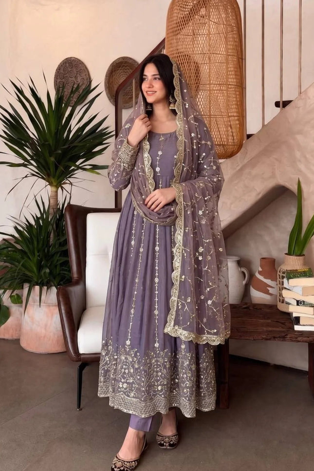 Premium Fandy Silk Embroidered Gown Set with Sequins Work, Matching Pant & Dupatta Ready to Wear Designer Party Wear Ethnic Outfit for Women - Rosepetals Luxe