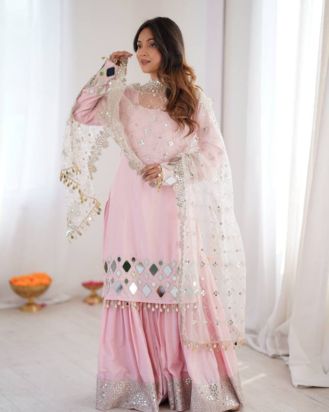 Premium French Crepe Embroidered Sharara Suit Set with Mirror Work Dupatta - Rosepetals Luxe