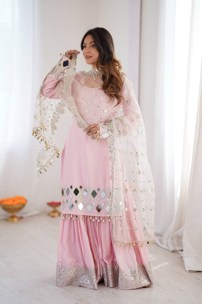 Premium French Crepe Embroidered Sharara Suit Set with Mirror Work Dupatta - Rosepetals Luxe