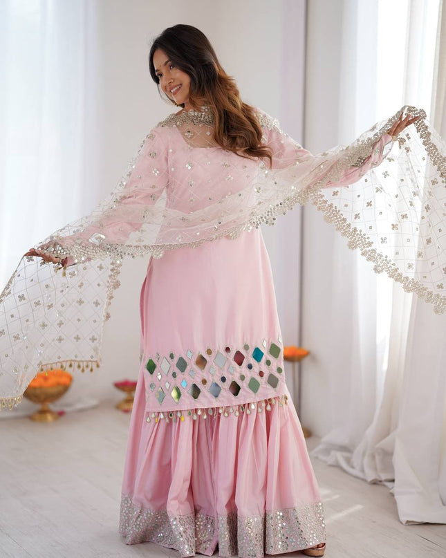 Premium French Crepe Embroidered Sharara Suit Set with Mirror Work Dupatta - Rosepetals Luxe
