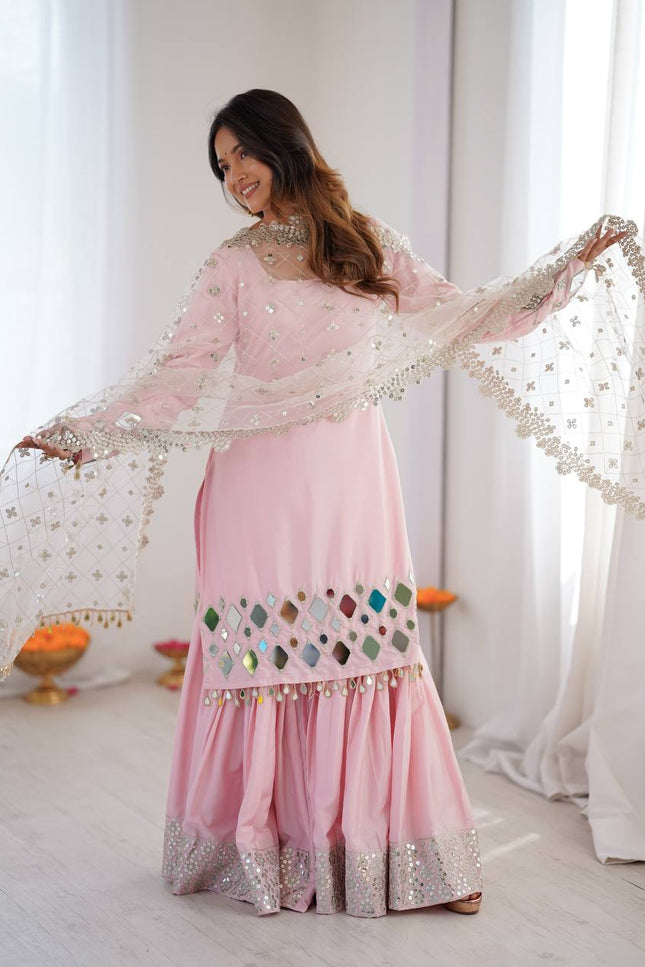 Premium French Crepe Embroidered Sharara Suit Set with Mirror Work Dupatta - Rosepetals Luxe