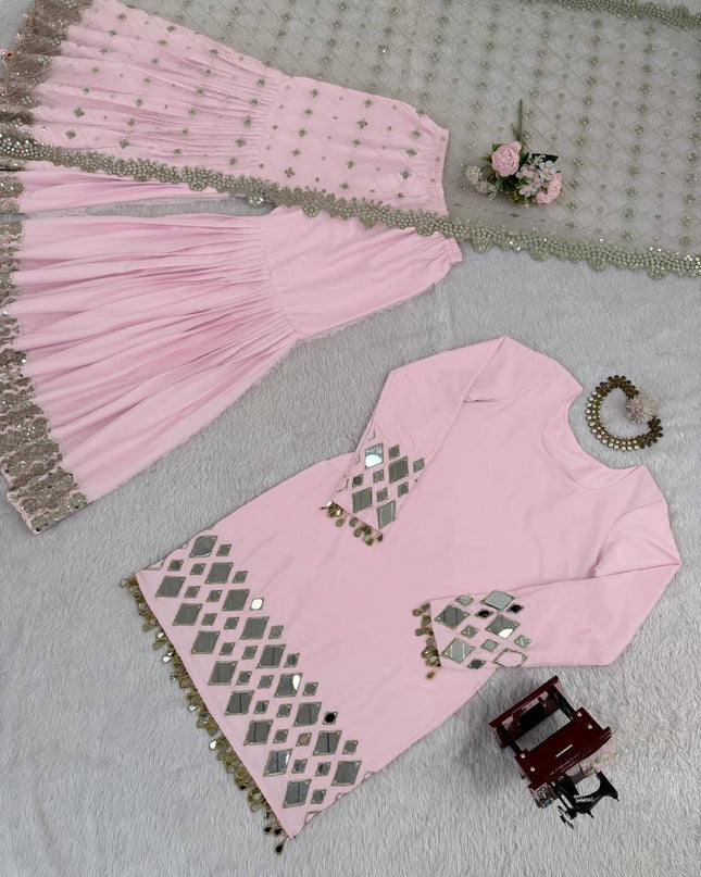 Premium French Crepe Embroidered Sharara Suit Set with Mirror Work Dupatta - Rosepetals Luxe
