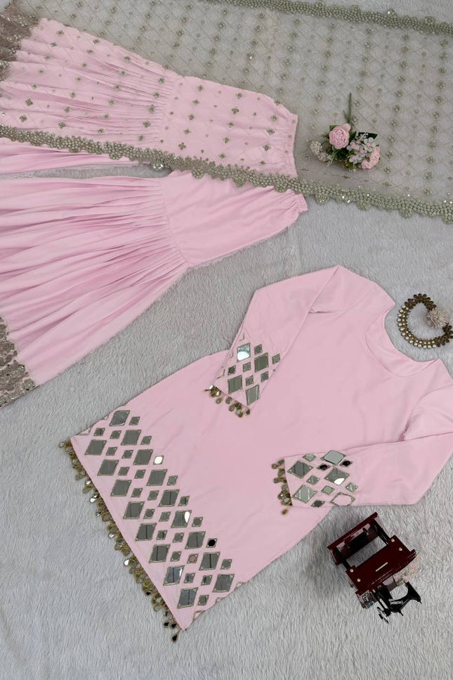 Premium French Crepe Embroidered Sharara Suit Set with Mirror Work Dupatta - Rosepetals Luxe