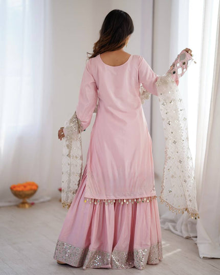 Premium French Crepe Embroidered Sharara Suit Set with Mirror Work Dupatta - Rosepetals Luxe