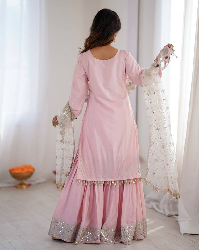 Premium French Crepe Embroidered Sharara Suit Set with Mirror Work Dupatta - Rosepetals Luxe