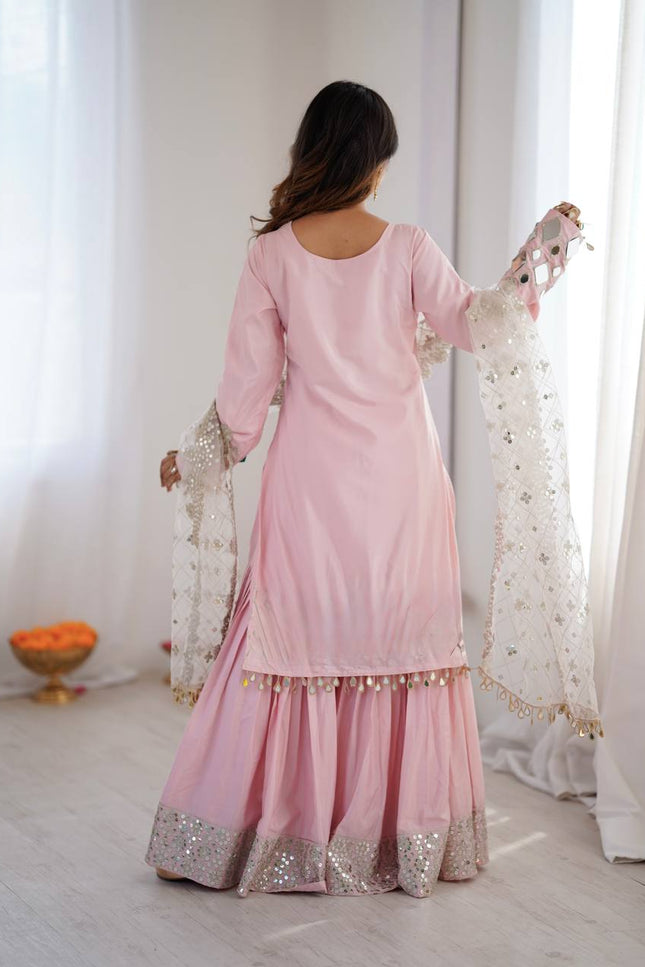 Premium French Crepe Embroidered Sharara Suit Set with Mirror Work Dupatta - Rosepetals Luxe