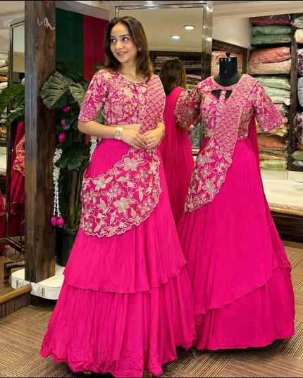 Premium French Crepe Silk Double Layer Lehenga Choli Set With Attached Pallu - Rosepetals Luxe
