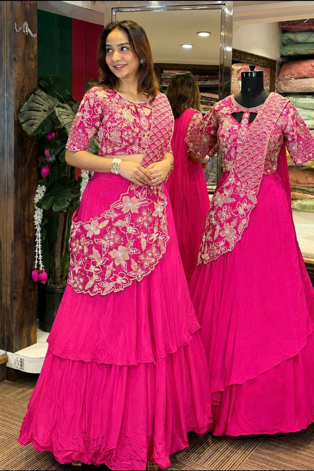 Premium French Crepe Silk Double Layer Lehenga Choli Set With Attached Pallu - Rosepetals Luxe