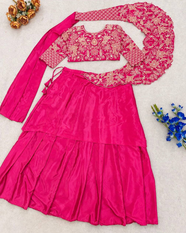 Premium French Crepe Silk Double Layer Lehenga Choli Set With Attached Pallu - Rosepetals Luxe