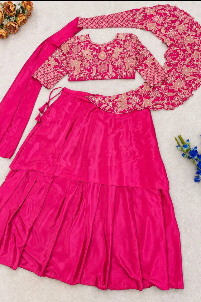 Premium French Crepe Silk Double Layer Lehenga Choli Set With Attached Pallu - Rosepetals Luxe