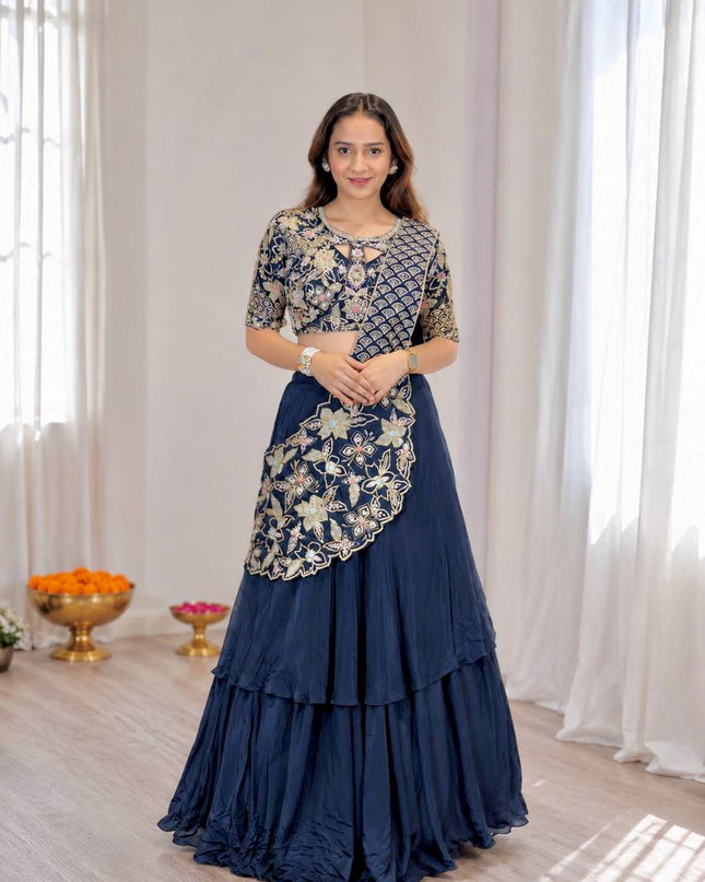 Premium French Crepe Silk Double Layer Lehenga Choli Set With Attached Pallu - Rosepetals Luxe