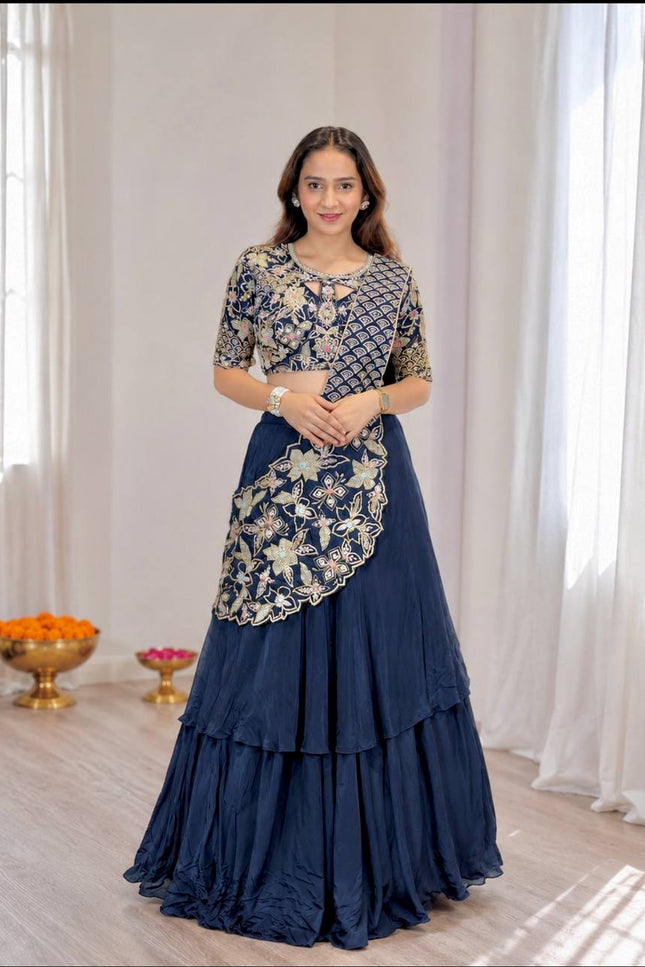 Premium French Crepe Silk Double Layer Lehenga Choli Set With Attached Pallu - Rosepetals Luxe