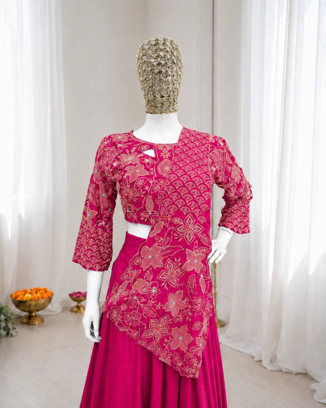 Premium French Crepe Silk Double Layer Lehenga Choli Set With Attached Pallu - Rosepetals Luxe